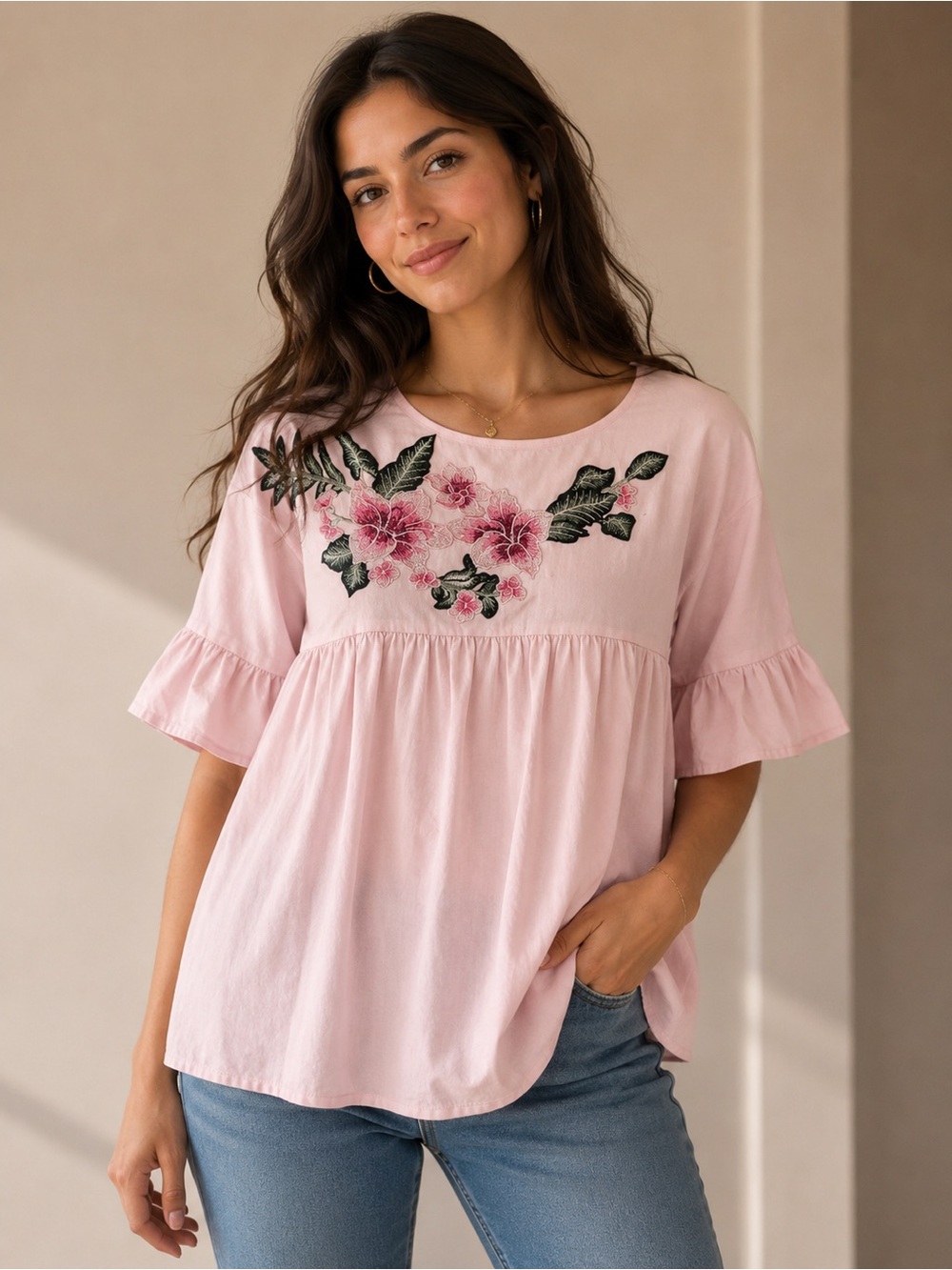 Pink Floral Embroidered Ruffle-Sleeve Women's Top